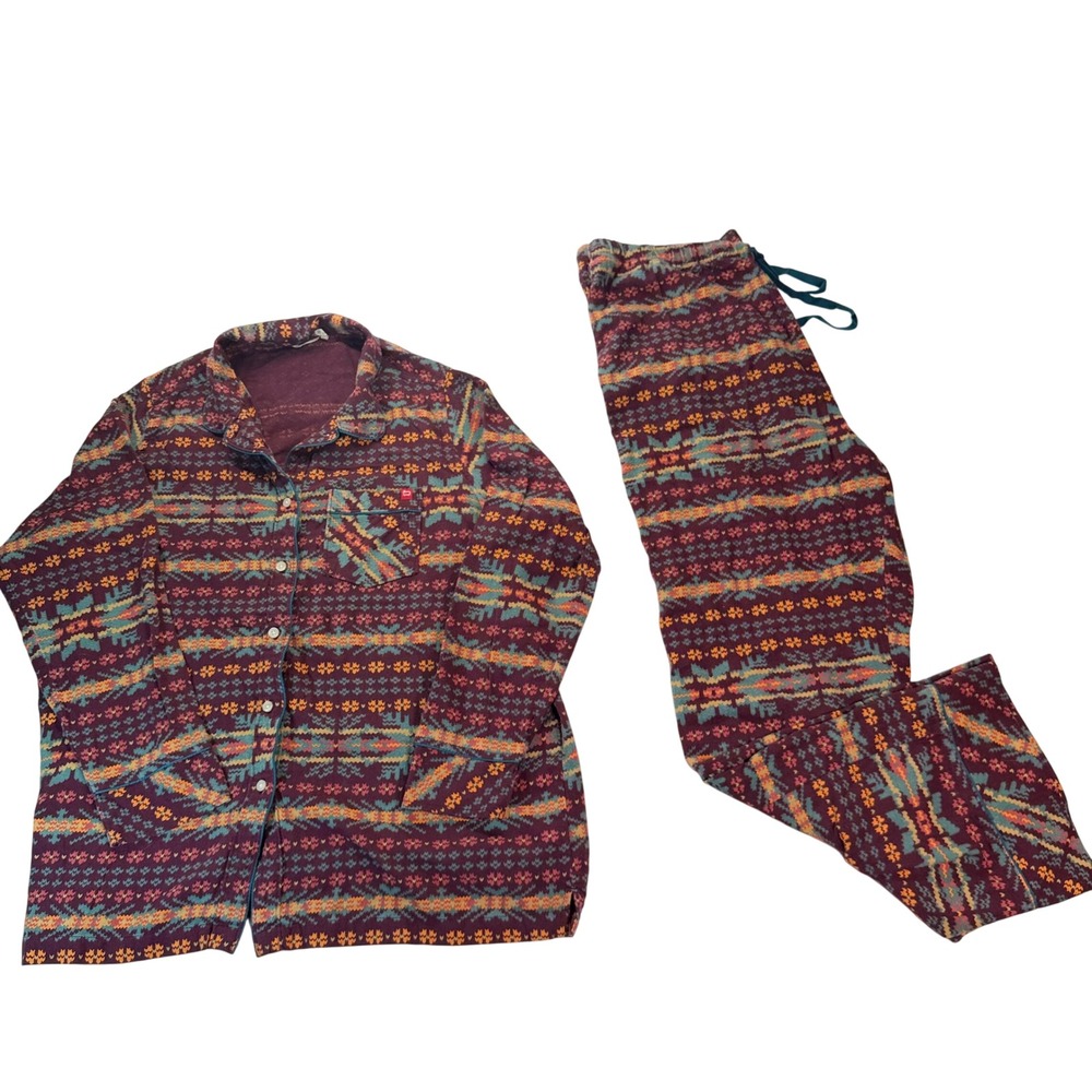 Woolrich Pajama Set Womens XL Burgundy Fair Isle Flannel Button 100% Cotton 2pc